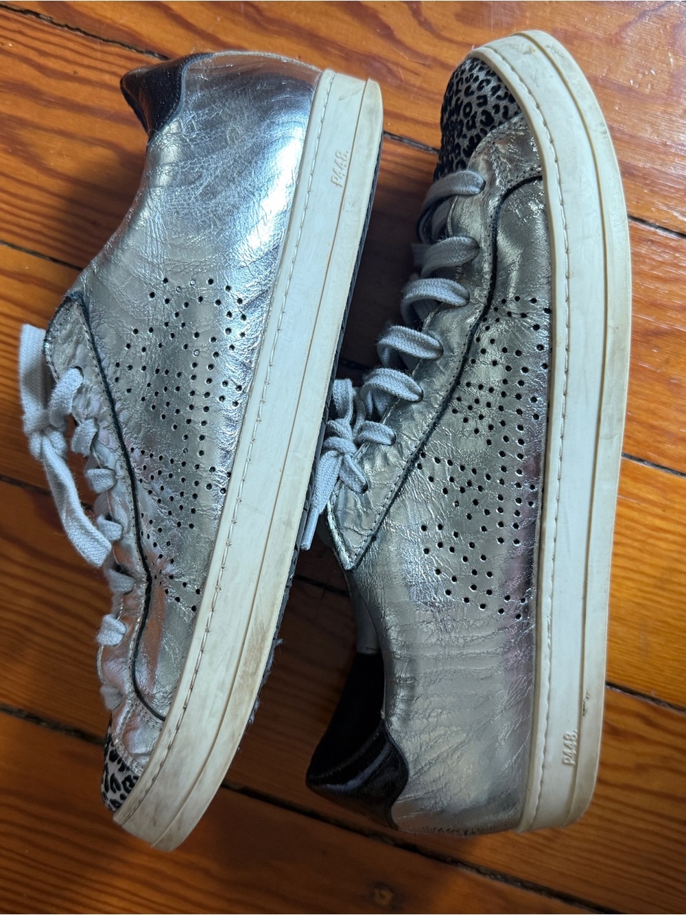 P438 Metallic Silver Women's Leather Sneakers with Leopard Accent